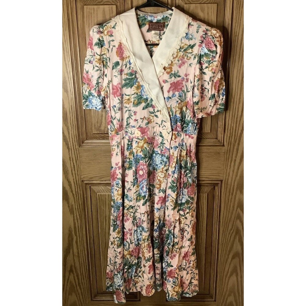 Vintage 80s Lisa II Floral Cottage Core Dress Lace Detail Size 8
